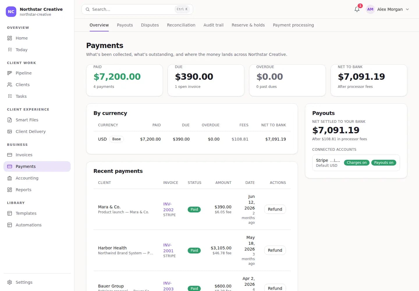 The actual LumaFlow payments workspace with collected revenue and payouts
