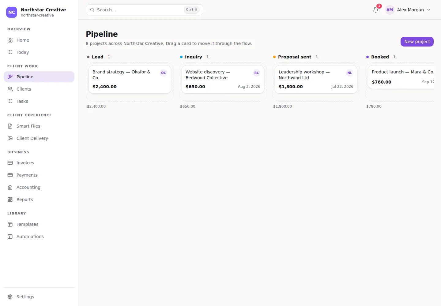 LumaFlow's live pipeline showing leads, proposals, and booked client work