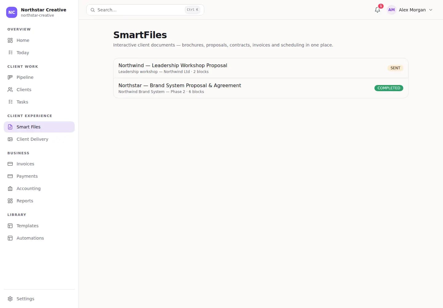 LumaFlow Smart Files showing proposals and agreements in one workspace